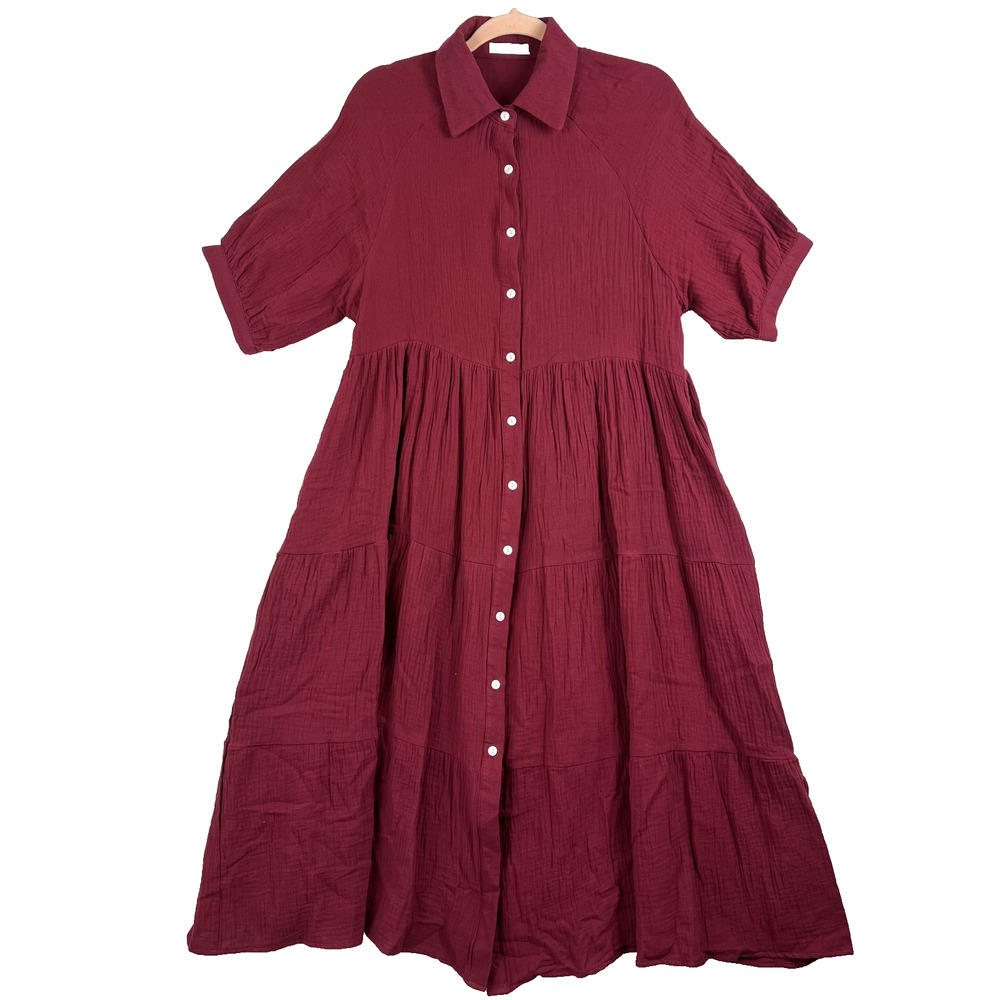 R. Vivimos Burgundy Shirt Dress Women's Size M Collared Button Front